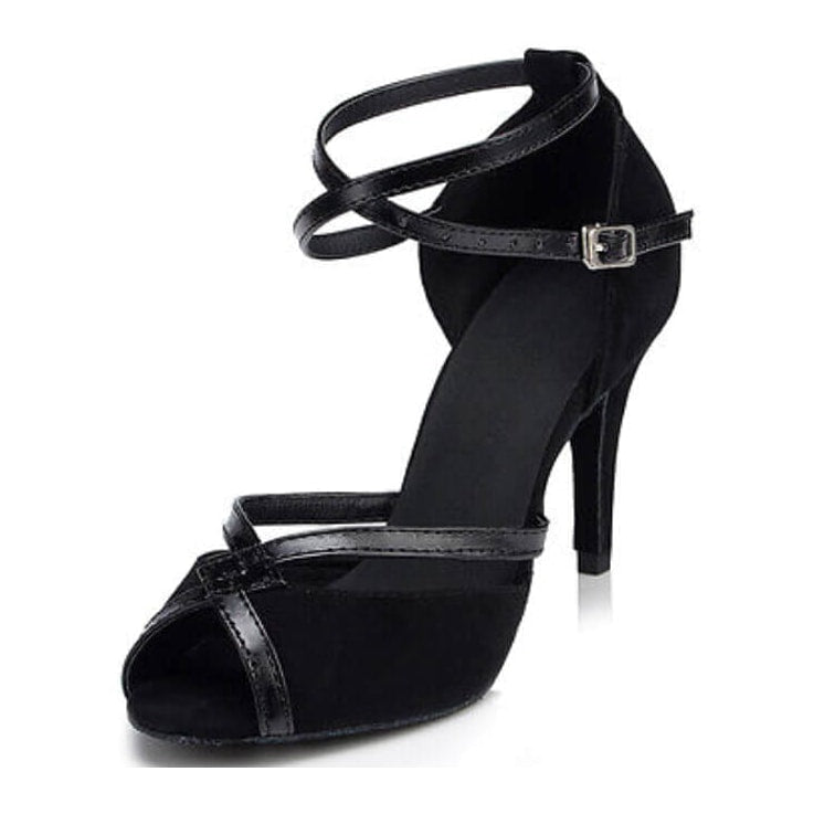 black suede latin dance shoe for women with patent trim, double crossed ankle straps and a slim stiletto heel