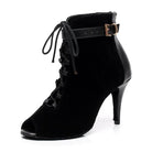 black velvet lace-up open-toe dance bootie for women, gold-buckle ankle strap and ladder cutout front