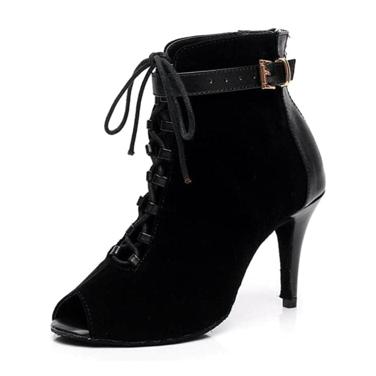 black velvet lace-up open-toe dance bootie for women, gold-buckle ankle strap and ladder cutout front