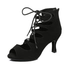 black suede lace-up peep-toe dance boot for women, teardrop side cutouts and a curved flared heel