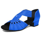 blue latin dance shoe for women with a fanned multi-strand vamp, ribbed stretch side panel and a low block heel