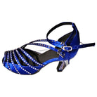 blue satin rhinestone dance shoe for women with crystal-lined straps and double ankle buckles