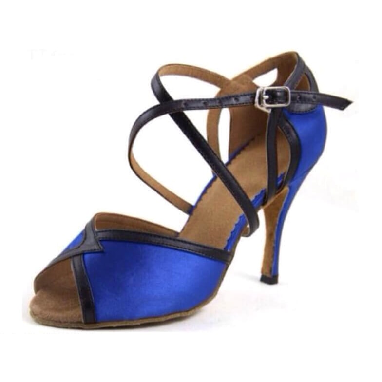 blue satin latin dance shoe for women with black leather trim, crossed ankle straps, peep toe and stiletto heel