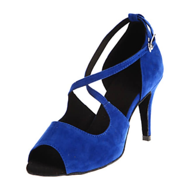 blue suede latin dance shoe for women with a crossed instep strap, curved side cutout, peep toe and stiletto heel