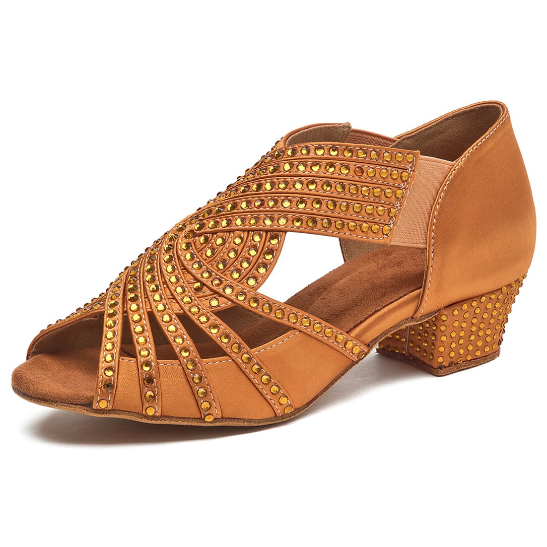 bronze satin dance shoe for women with 1.5 inch low heel and gold rhinestone-studded straps