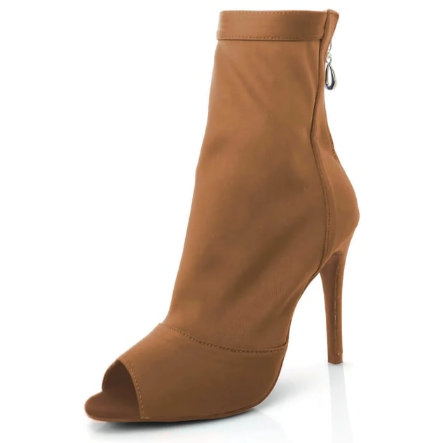 tan stretch lycra open-toe sock-style dance boot for women with back zip and slim stiletto heel