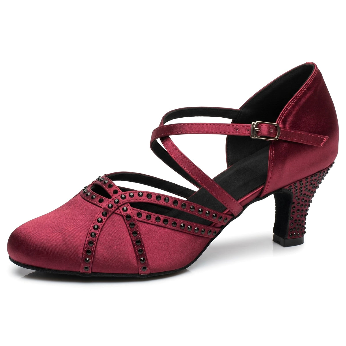 Burgundy satin closed toe ballroom dance shoe for women with black rhinestone looped straps, crossover ankle strap and rhinestone heel