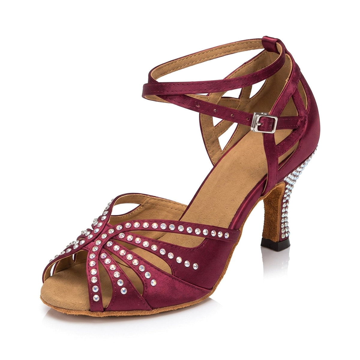 Burgundy satin latin dance shoes side view, open toe salsa heels with a rhinestone fan vamp, crossed ankle straps and a crystal covered flared heel