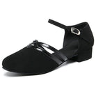 black suede closed-toe ballroom dance shoe for women, patent trim crisscross strap, 1.5 inch cuban heel