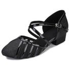 black glitter closed-toe ballroom dance shoe for women, patent-trim crisscross straps, 1.5 inch cuban heel