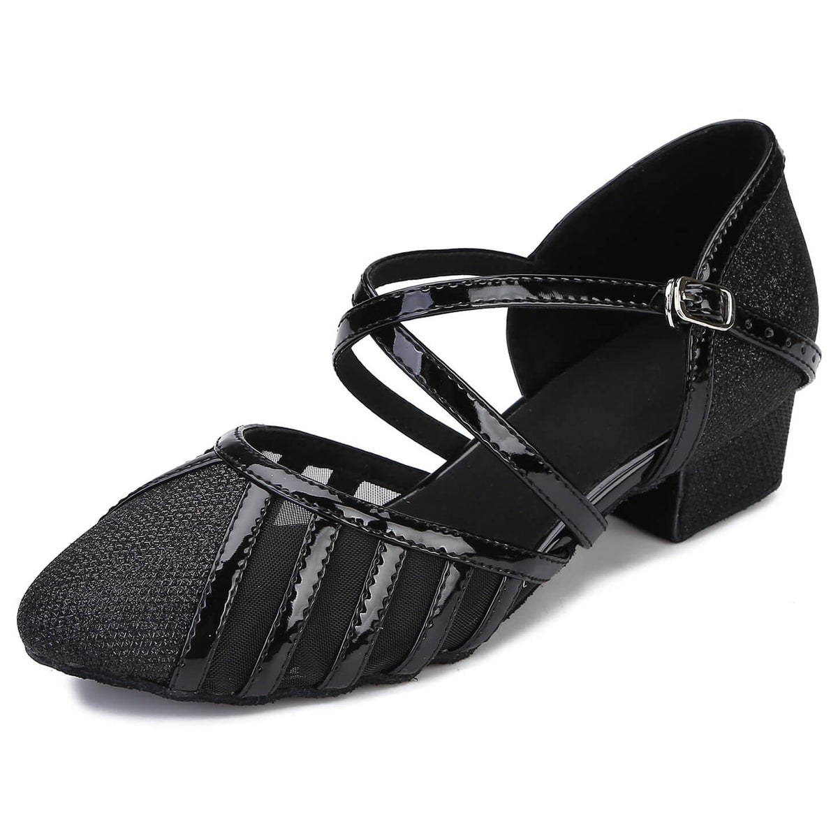black glitter closed-toe ballroom dance shoe for women, patent-trim crisscross straps, 1.5 inch cuban heel