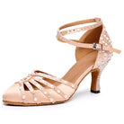 nude satin closed-toe ballroom dance shoe for women, pearl and rhinestone embellishment with crisscross ankle strap