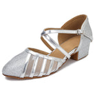 silver glitter closed-toe ballroom dance shoe for women, crisscross straps, 1.5 inch cuban heel