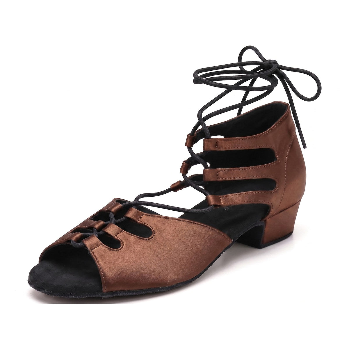 Coffee brown satin latin dance shoes side view, lace-up open toe salsa shoes with ladder cut-outs and low Cuban block heel