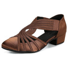 coffee brown satin closed-toe ballroom dance shoe for women, pleated crisscross straps and low cuban heel
