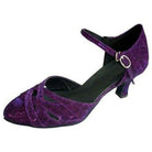 purple glitter closed-toe ballroom dance shoe with crisscross vamp straps and low heel