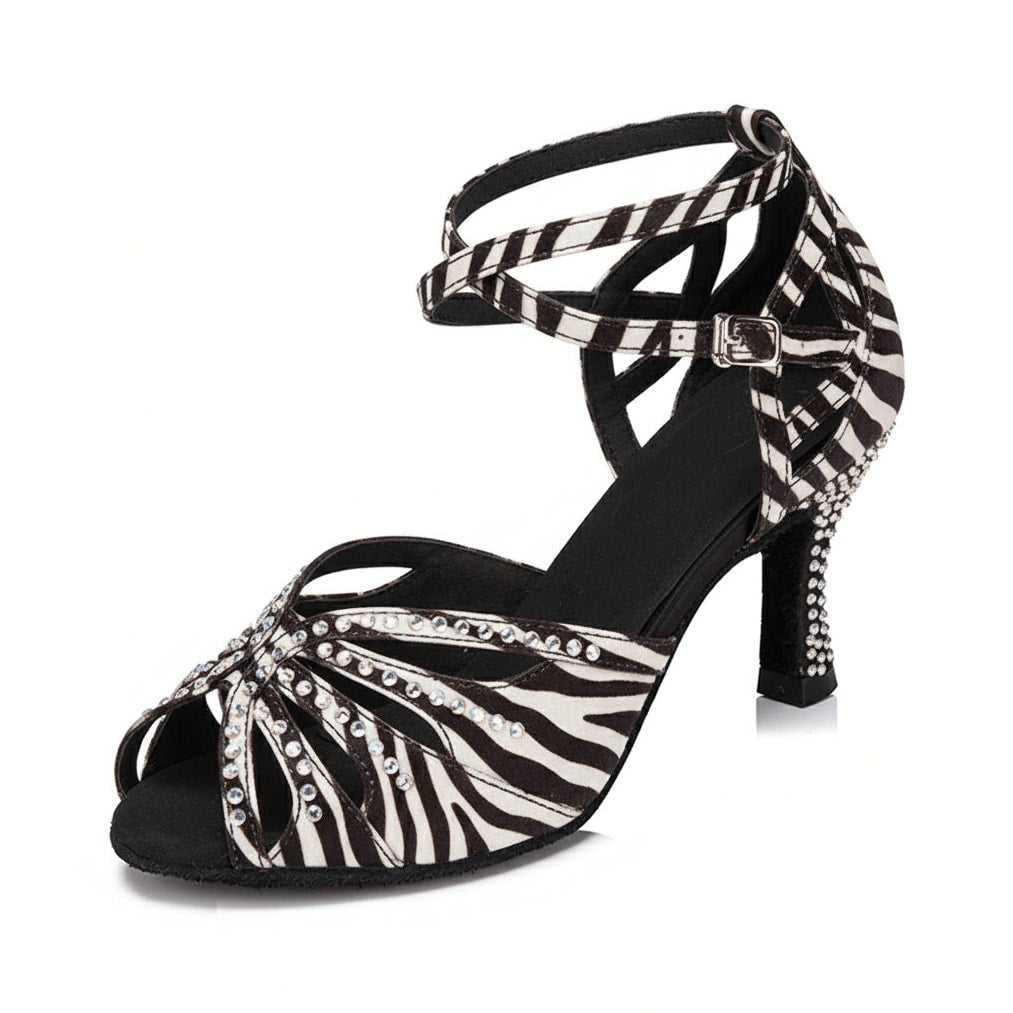 zebra print dance shoe for women with rhinestone-lined toe straps and crystal-studded flared heel