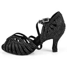 black glitter dance shoe for women set with black rhinestones, caged toe straps and crystal buckle