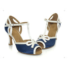 pair of blue suede latin dance shoes for women with a white satin T-strap, bow at the peep toe and a flared heel