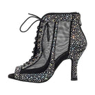 side view of black mesh dance boot for women trimmed with iridescent rhinestones and laced front