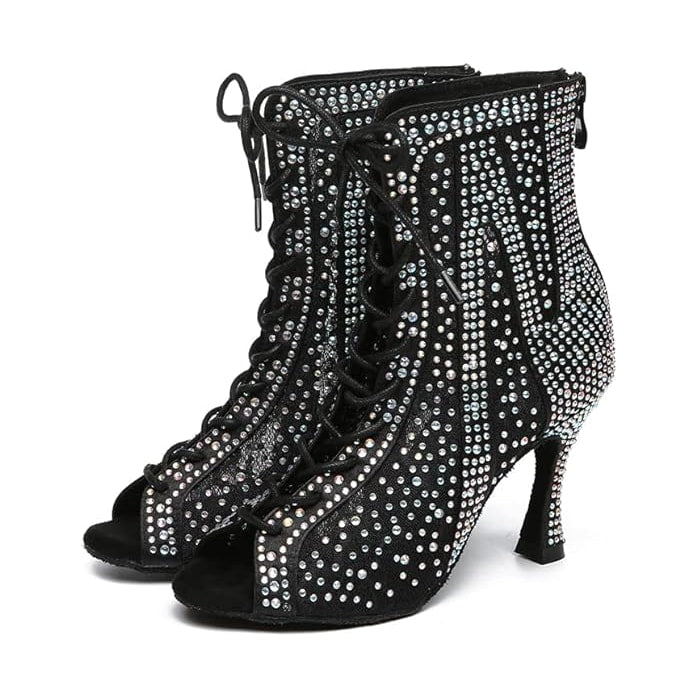 black rhinestone-covered lace-up peep-toe salsa dance boots for women with back zip and flared heel