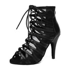 black leather caged lace-up dance boot for women, mesh inserts, open toe and tall stiletto heel