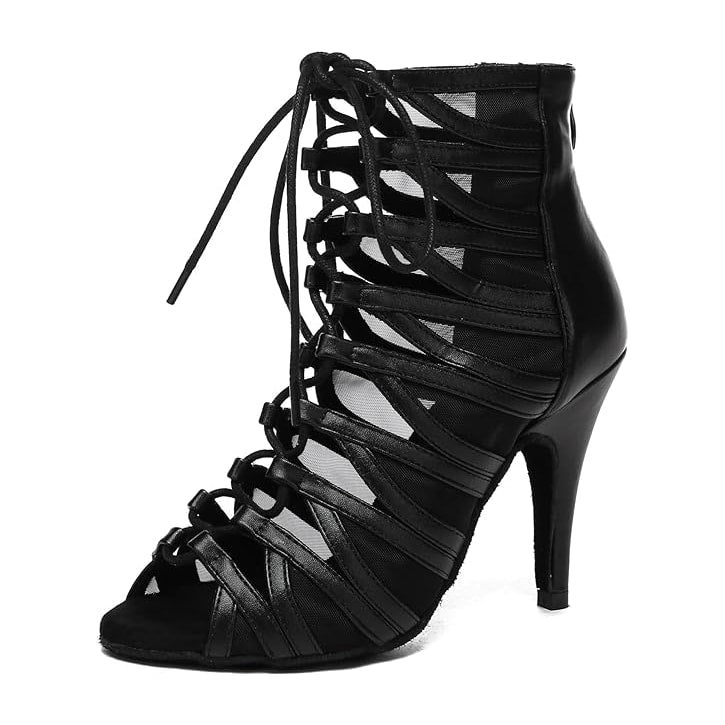 black leather caged lace-up dance boot for women, mesh inserts, open toe and tall stiletto heel