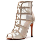 beige mesh caged open-toe dance boot for women, horizontal straps with a crisscross lacing panel