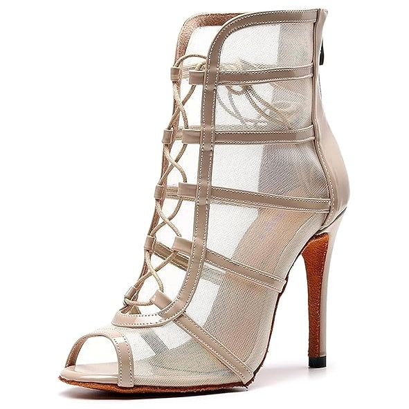 beige mesh caged open-toe dance boot for women, horizontal straps with a crisscross lacing panel
