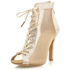 nude mesh lace-up open-toe dance boot for women, pearl and rhinestone trim on a tall stiletto