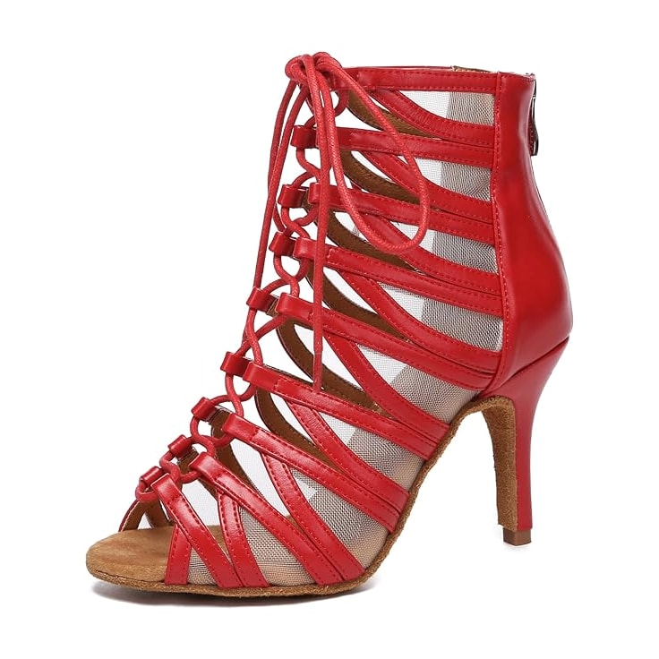 red patent caged lace-up dance boot for women over nude mesh with a tan sole and stiletto heel