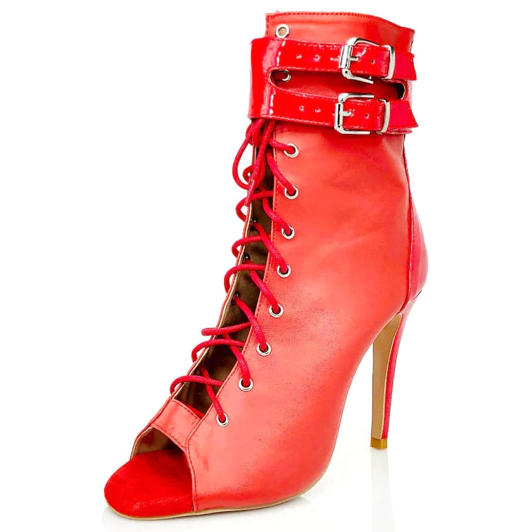 red leather lace-up open-toe dance boot for women, twin patent ankle straps with silver buckles