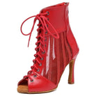 red patent lace-up open-toe dance boot for women, glitter striped mesh side panel and tan suede sole