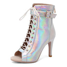 holographic silver dance boot for women, lace-up peep-toe shaft with ankle buckle and stiletto