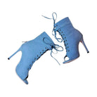 light blue denim lace-up peep-toe dance booties for women, long ties and slim stiletto heels