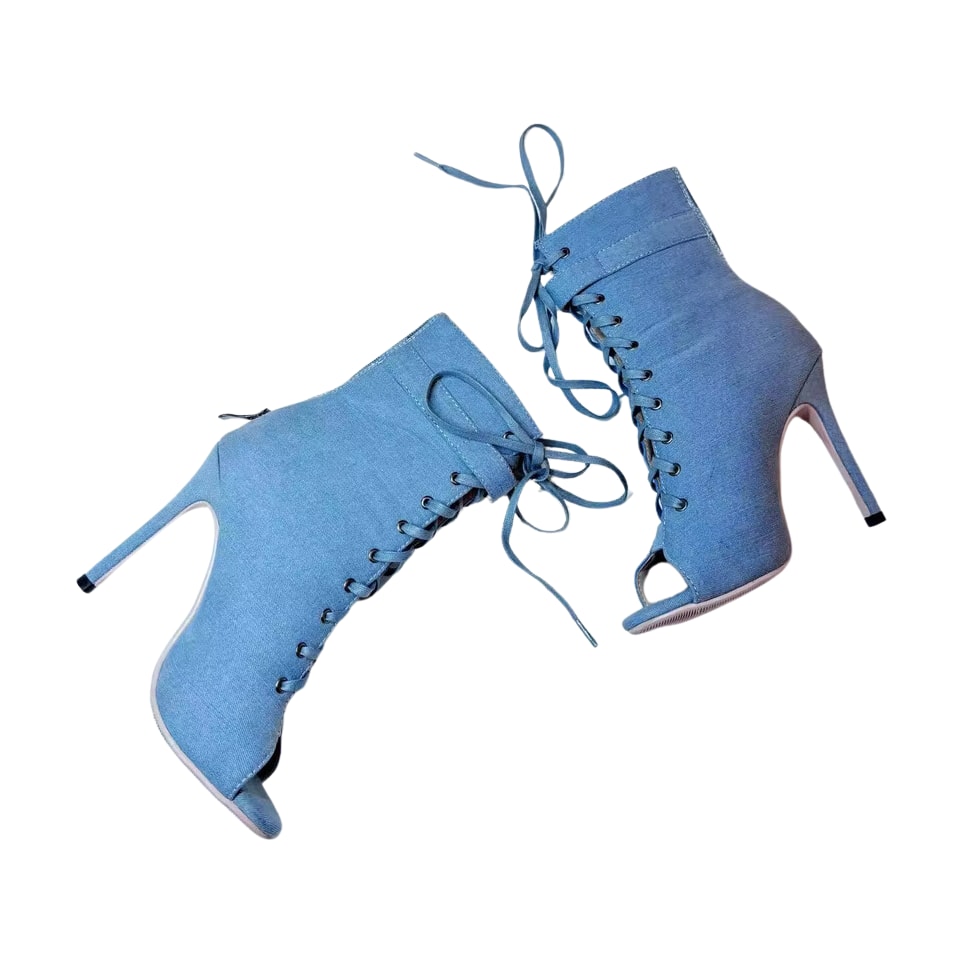 light blue denim lace-up peep-toe dance booties for women, long ties and slim stiletto heels