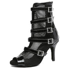 black patent and fishnet dance booties for women with five silver buckle straps and peep toe