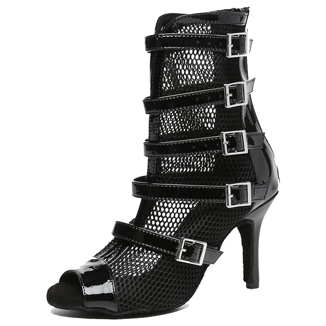 black patent and fishnet dance booties for women with five silver buckle straps and peep toe