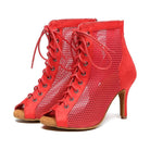 red suede and fishnet mesh lace-up open-toe dance boot for women with tan sole and stiletto heel