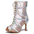 silver holographic strap and mesh lace-up open-toe dance boot for women, back zip and flared spool heel
