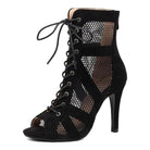 black suede dance boot for women with honeycomb mesh panels, long lace-up front and peep toe