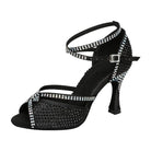 black satin dance shoe for women with rhinestone-lined straps and crystal buckle