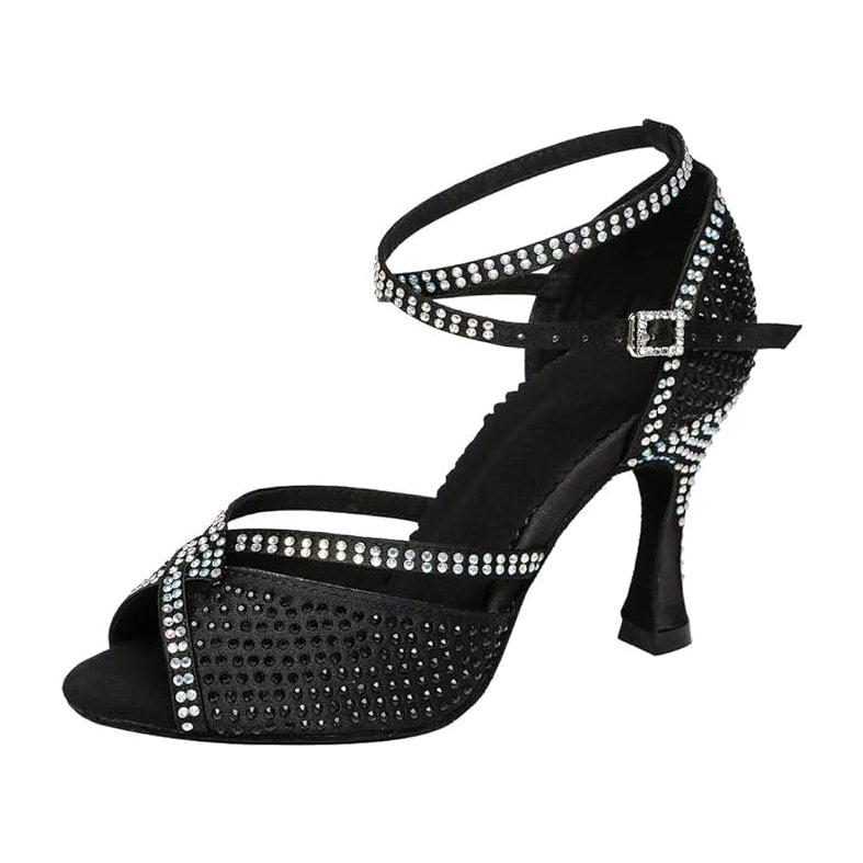 black satin dance shoe for women with rhinestone-lined straps and crystal buckle