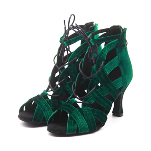 green velvet caged lace-up open-toe salsa dance boot for women, black laces and a flared heel