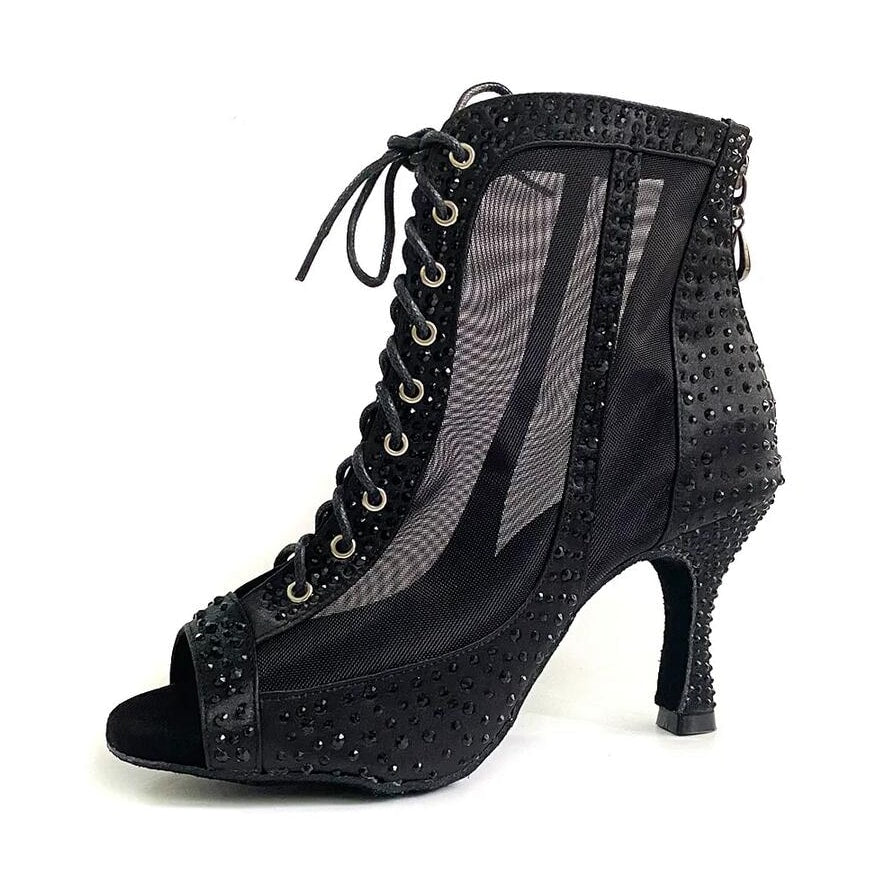 black satin and mesh lace-up peep-toe bachata dance boot for women, dark rhinestone trim and studded heel