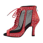 side view of red rhinestone dance boot for women with black mesh inset and red lace-up front