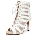 white leather and mesh ladder-strap dance boot for women, gold eyelets, open toe and stiletto heel