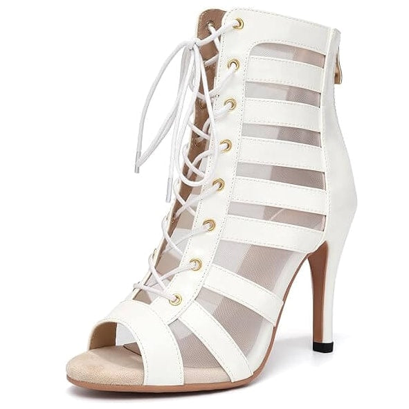 white leather and mesh ladder-strap dance boot for women, gold eyelets, open toe and stiletto heel