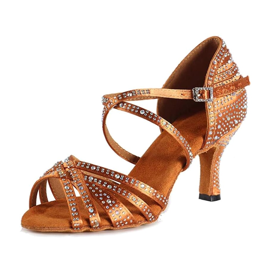 dark tan satin latin dance shoe for women, rhinestone-lined strappy toe and crystal-covered flared heel