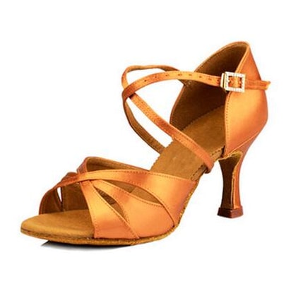 dark tan satin latin dance shoe for women with a knotted multi-strand vamp, rhinestone buckle and a flared heel